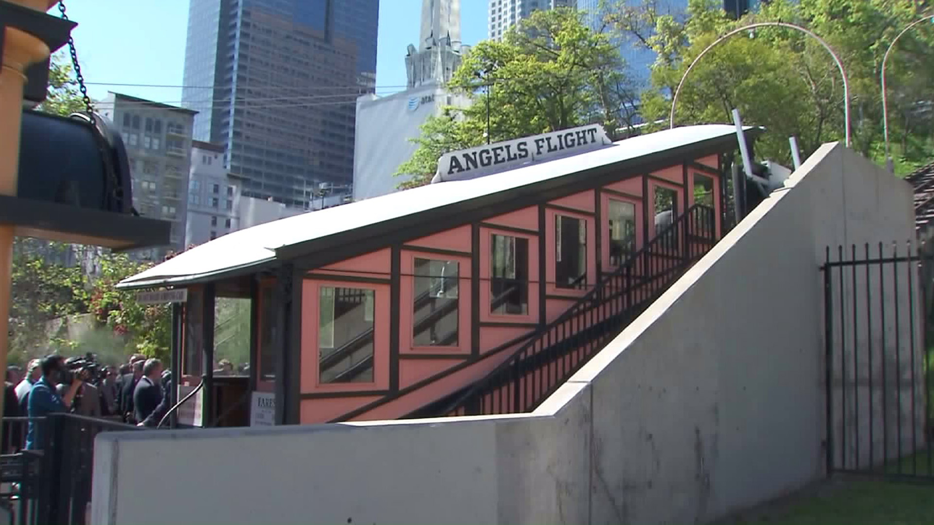 One of the Angels Flight cars is shown on March 1, 2017, after officials announced they hoped to reopen the attraction by fall. (Credit: KTLA)