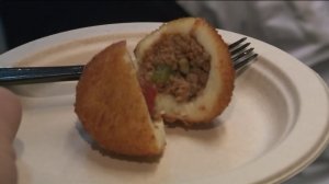 A potato ball, one of the most popular items on the bakery's expansive menu, right after it was made on March 1, 2017. (Credit: KTLA)