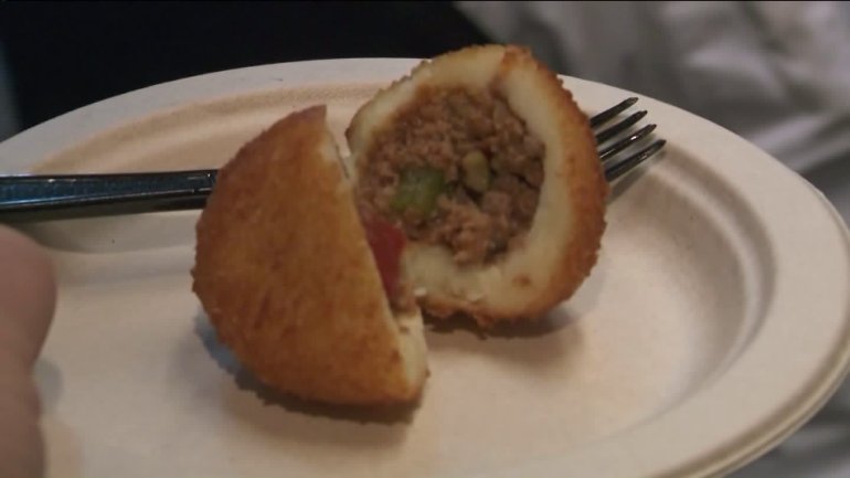 A potato ball, one of the most popular items on the bakery's expansive menu, right after it was made on March 1, 2017. (Credit: KTLA) 