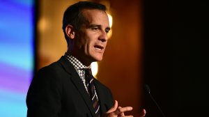 Los Angeles Mayor Eric Garcetti addresses the audience at the EMA Impact Summit in Beverly Hills, California on March 23, 2017. (Credit: FREDERIC J. BROWN/AFP/Getty Images)