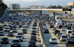 Traffic comes to a standstill on the northbound and the southbound lanes of the 405 Freeway near Los Angeles International Airport on Nov. 23, 2011. (Credit: Kevork Djansezian/Getty Images)