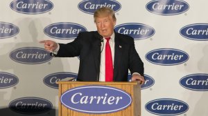President Donald Trump speaks to workers at Carrier air conditioning and heating in Indianapolis on December 1, 2016. He promised to stop the shift of jobs overseas, but Thursday will mark the last day for 300 workers as jobs move to a plant in Mexico. (Credit: Tasos Katopodis/Getty Images)