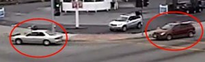 A still from surveillance video released by the Los Angeles County Sheriff's Department on July 21, 2017, shows two vehicles believed to be involved in a fatal drive-by shooting in 2015.