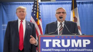 Sheriff Joe Arpaio of Maricopa County, Arizona, endorses Republican presidential candidate Donald Trump prior to a rally on Jan. 26, 2016 in Marshalltown, Iowa. (Credit: Scott Olson/Getty Images)