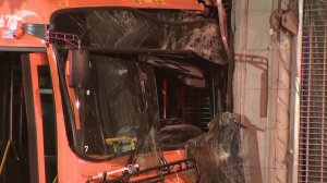 The smashed front end of an L.A. Metro bus is seen after a crash on Aug. 30, 2017, in downtown L.A. (Credit: KTLA)