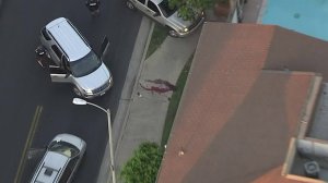 The scene of a fatal shooting in Encino that may be connected to an Amber Alert issued for a 9-year-old boy is seen here on Aug. 22, 2017. (Credit: KTLA)