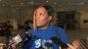 Letisha Nixon, mother of Gemmel Moore, is seen speaking to reporters in West Hollywood on Aug. 21, 2017. (Credit: KTLA)