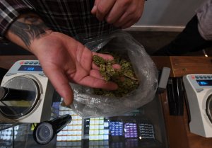 A salesman prepares an order of marijuana products at the Perennial Holistic Wellness Center, a medicinal marijuana dispensary in Los Angeles, on March 24, 2017. (Credit: MARK RALSTON/AFP/Getty Images)