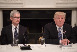 US President Donald Trump speaks next to Apple CEO Tim Cook during an American Technology Council roundtable at the White House in Washington, DC, on June 19, 2017. (Credit: NICHOLAS KAMM/AFP/Getty Images)