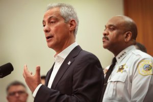 Chicago Mayor Rahm Emanuel and Chicago Police Department Superintendent Eddie Johnson announce the City of Chicago will file a federal lawsuit over the Department of Justice's actions against sanctuary cities during a press conference on August 6, 2017. (Credit: Scott Olson/Getty Images)
