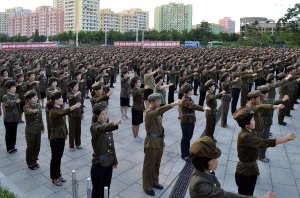 North Koreans protest the UN's sanctions against the country on August 11, 2017 (Credit: STR/AFP/Getty Images)