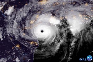 In this NOAA handout image, NOAA's GOES East satellite capture of Hurricane Harvey shows the storm making landfall shortly after 8 p.m. local time on Aug. 25, 2017, on the mid-Texas coast.