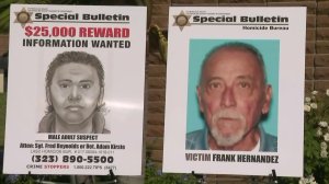 Authorities showed a sketch of the suspect and photo of the victim at a news conference announcing a $25,000 reward in the case on Sept. 13, 2017. (Credit: KTLA)