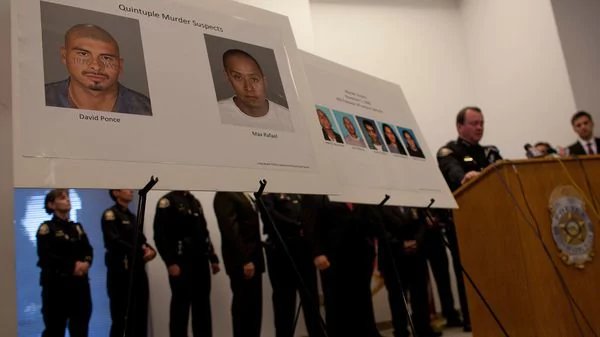 Police Chief Jim McDonnell speaks to the media about the 2012 arrests of David Ponce and Max Rafael, in the murders of five people at a homeless encampment in 2008. (Gina Ferazzi / Los Angeles Times)