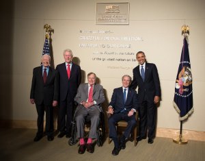 In this handout provided by the George W. Bush Presidential Center, former U.S. presidents (L-R) Jimmy Carter, Bill Clinton, George H.W. Bush, George W. Bush and President Barack Obama pose at the opening of the George W. Bush Presidential Center April 25, 2013, in Dallas, Texas. (Credit: Paul Morse/George W. Bush Presidential Center via Getty Images)