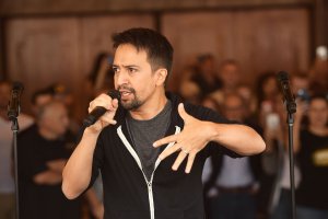 Lin-Manuel Miranda speaks outside the Pantages Theatre on August 16, 2017. (Credit: Matt Winkelmeyer/Getty Images)