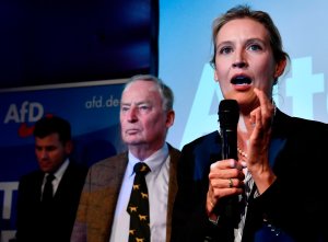 Top candidate of the Alternative for Germany Alice Weidel addresses supporters on stage during an election night event in Berlin on Sept. 24, 2017. (Credit JOHN MACDOUGALL/AFP/Getty Images)