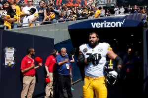 Alejandro Villanueva of the Pittsburgh Steelers stands by himself in the tunnel for the national anthem prior to the game against the Chicago Bears at Soldier Field on Sept. 24, 2017. (Credit: Joe Robbins/Getty Images)