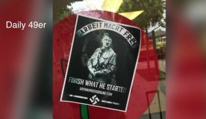A photo from the Cal State Long Beach campus newspaper, the Daily 49er, shows a pro-Nazi posted on the university's multicultural center. (Credit: KTLA)
