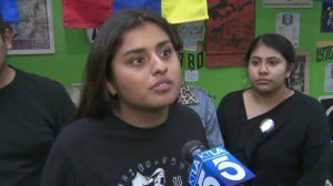 Evelyn Ortiz, a member of La Raza Student Association, is seen speaking to KTLA on Sept. 21, 2017 about racist and violent threats sent to the group's Facebook page. (Credit: KTLA)