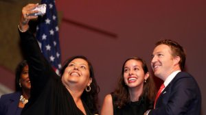 Monica Garcia, left, Kelly Gonez and Nick Melvoin are shown in July 2017, when they were sworn in. (Allen J. Schaben / Los Angeles Times)