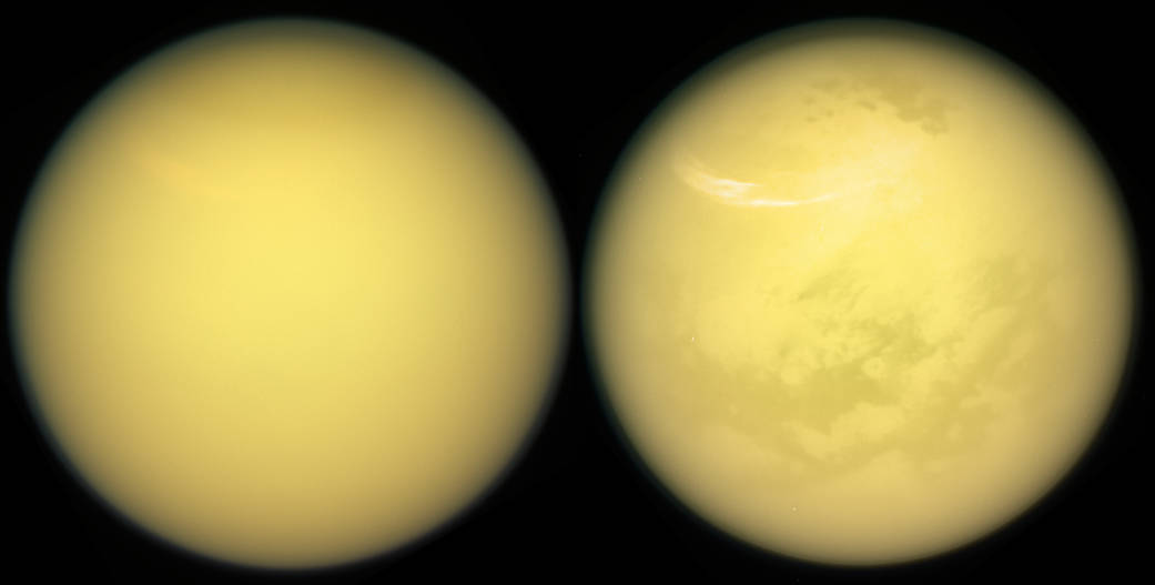 These two views of Saturn's moon Titan exemplify how NASA's Cassini spacecraft has revealed the surface of this fascinating world. (Credit: NASA)