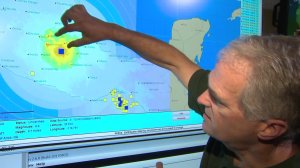 Ken Hudnut, a research geophysicist at Caltech Seismological Laboratory, displays scientists' monitoring of a 7.1 magnitude earthquake that struck near Puebla, Mexico, on Sept. 19, 2017. At the bottom of his screen, data from another earthquake that hit Mexico Sept. 7 and its aftershocks can be seen. (Credit: KTLA)