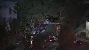 A single-engine plane can be seen at its crash site on a surface street in Glendale on Sept. 22, 2017. (Credit: KTLA) 