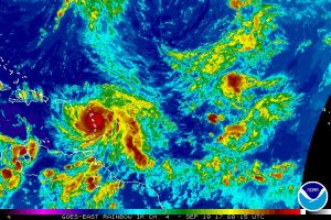 Category 5 Hurricane Maria is seen traveling across the Atlantic Ocean toward Puerto Rico on Sept. 18, 2017, in satellite imagery provided by the National Hurricane Center.