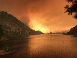The Eagle Creek fire is seen growing along the Columbia River in Oregon on Sept. 5, 2017, in a photo released by the U.S. Forest Service.