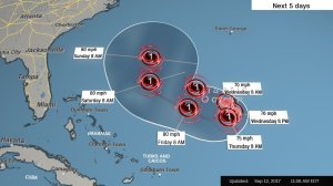 Hurricane Jose was 700 miles east of Florida at midday Tuesday, September 12, 2017, with maximum sustained winds of 75 mph, making it a Category 1 storm on the Saffir-Simpson Hurricane Scale. (Credit: CNN)