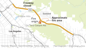 A map shows areas affected by the La Tuna Fire (Credit: LATimes Graphics)