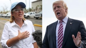 San Juan Mayor Carmen Yulin Cruz speaks to the media during hurricane relief efforts on Sept. 30, 2017. (Credit: Joe Raedle/Getty Images) U.S. President Donald Trump speaks to reporters on the South Lawn of the White House, on Sept. 29, 2017. (Credit: Drew Angerer/Getty Images)