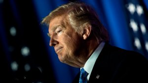 President Trump pauses while speaking about tax reform at the Indiana Farm Bureau building on the Indiana State Fairgrounds September 27, 2017 in Indianapolis. (Credit: BRENDAN SMIALOWSKI/AFP/Getty Images)