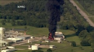 A fire broke out on Sept. 1, 2017, at a formerly flooded chemical plant in Crosby, Texas, that had caught fire one day earlier. (Credit: KPRC via CNN)