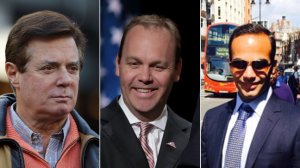 Paul Manafort at Yankee Stadium on Oct. 17, 2017; Rick Gates at the RNC on July 21, 2016; George Papadopoulos in an undated photo from his LinkedIn profile. (Credit: left, Elsa/Getty Image; center, Chip Somodevilla/Getty Images)