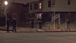 Police investigate a deadly shooting in Crenshaw on Oct. 12, 2017. (Credit: KTLA)