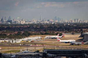 A general view of aircraft at Heathrow Airport in front of the London skyline on Oct. 11, 2016. (Credit: Jack Taylor / Getty Images)