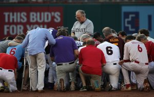 U.S. House Chaplain Fr.Patrick J. Conroy leads a prayer for the players during the 56th Annual Congressional Baseball Game for Charity at the National Park on June 15, 2017. (Credit: Alex Wong / Getty Images)