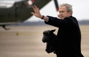 President George W. Bush carries his dog Barney off Air Force One upon landing at Texas State Technical College in Waco, Texas on December, 26, 2007. (Credit: Jim Watson/AFP/Getty Images)