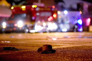 A cowboy hat lays in the street after shots were fired near a country music festival on October 1, 2017 in Las Vegas. (Credit: David Becker/Getty Images)