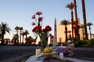 Flowers were left on Las Vegas Blvd. near the scene of Sunday night's mass shooting, on October 3, 2017 (Credit: Drew Angerer/Getty Images)