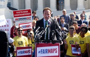 Former California Gov. Arnold Schwarzenegger speaks outside of the U.S. Supreme Court to call for an end to partisan gerrymandering on Oct. 3, 2017. (Credit: Olivier Douliery/Getty Images)