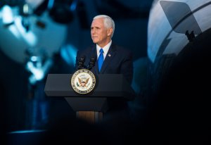 In this NASA handout image, Vice President Mike Pence delivers opening remarks during the National Space Council's first meeting on Oct. 5, 2017, in Chantilly, Virginia. (Credit: Joel Kowsky / NASA via Getty Images)