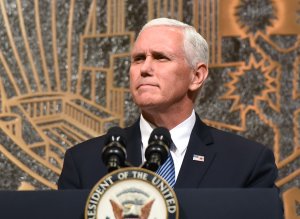 U.S. Vice President Mike Pence speaks at the culmination of a faith unity walk at Las Vegas City Hall on Oct. 7, 2017. (Credit: Ethan Miller / Getty Images)
