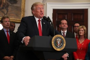 U.S. President Donald Trump speaks after signing an executive order in the Roosevelt Room of the White House, Oct. 12, 2017. (Credit: Alex Wong / Getty Images)