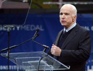 Sen. John McCain makes remarks after receiving the the 2017 Liberty Medal from former Vice President Joe Biden on October 16, 2017 in Philadelphia, Pennsylvania. (Credit: William Thomas Cain/Getty Images)