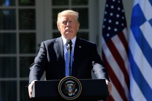 US President Donald Trump holds a joint press conference with Greek Prime Minister Alexis Tsipras in the Rose Garden at the White House in Washington, DC on October 17, 2017. (Credit: JASON CONNOLLY/AFP/Getty Images)