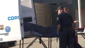 Coroner's officials are seen removing a deceased body from an apartment building in Hollywood on Oct. 1, 2017. (Credit: KTLA)