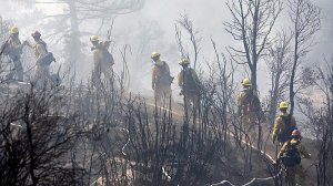 Firefighters cut a path through charred terrain as they work Tuesday to extinguish a fire that scorched the area near Mt. Wilson. (Credit: Irfan Khan / Los Angeles Times)